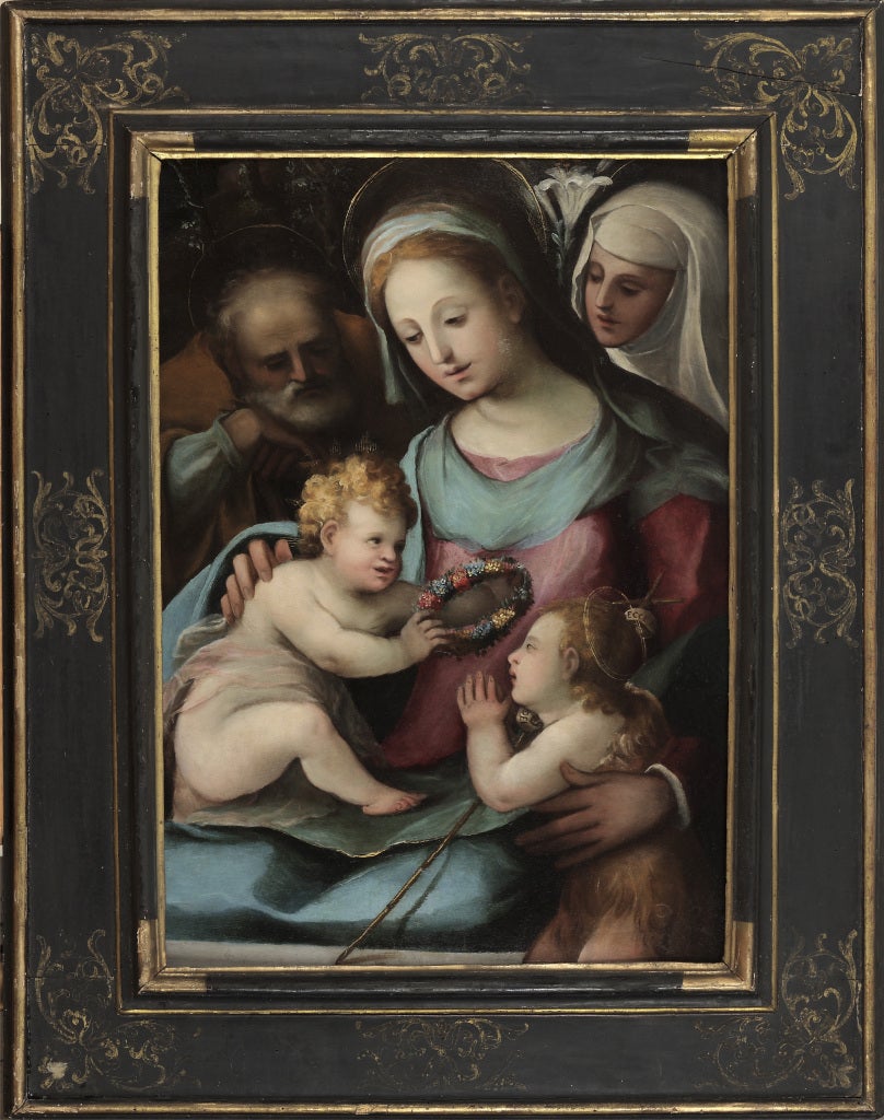 Arcangelo Salimbeni Figurative Painting - Holy Family with Saint John the Baptist and Saint Catherine of Siena