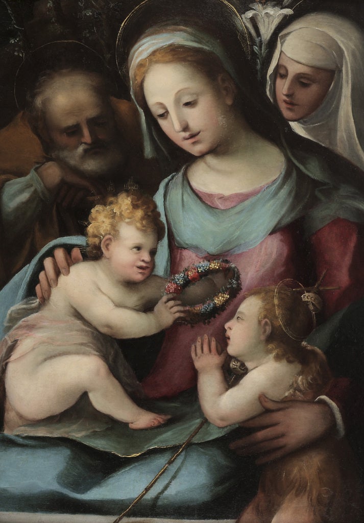 Holy Family with Saint John the Baptist and Saint Catherine of Siena - Painting by Arcangelo Salimbeni