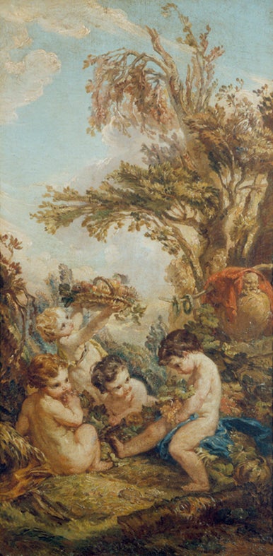 Cherubs Playing in a Landscape (one of a pair) - Painting by Unknown
