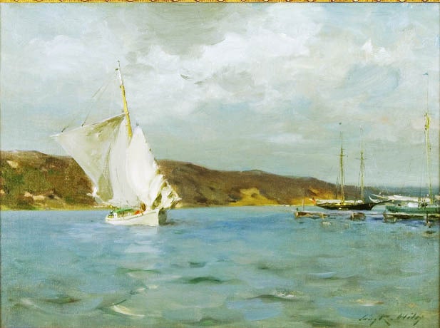 "White Sloop, Peconic Bay", 1907 - Art by Irving Ramsey Wiles
