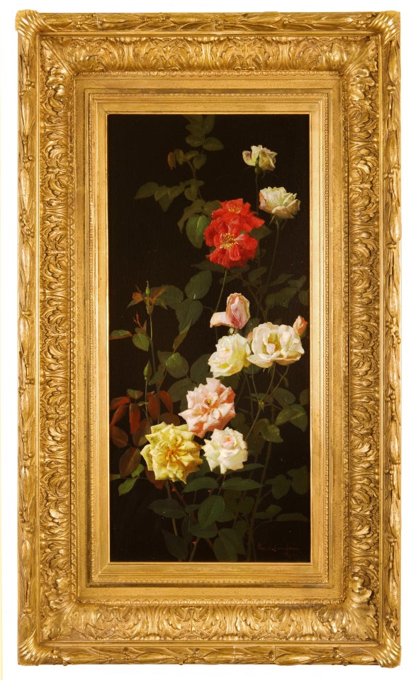Lambdin was the first American painter to specialize in depicting roses, and this is a first-rate example of his vivid, confident style. Excellent period frame included.