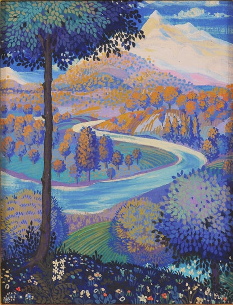 A Distant Land is a demonstration of Botke’s decorative talent. The surreal flattening of the landscape and the complex pattern formed by her precision brushwork reminds the viewer of her background as a tapestry cartoonist. The vivid coloration is