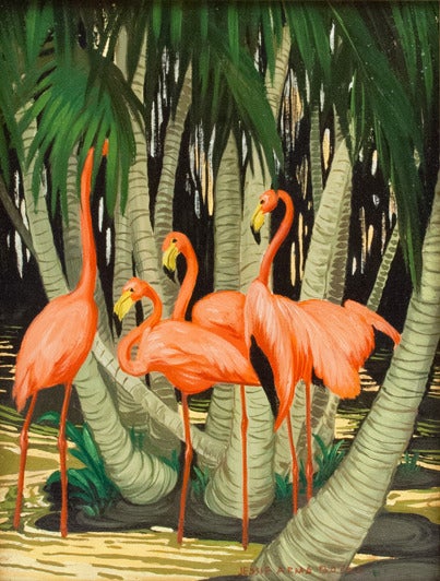 Jessie Arms Botke Animal Painting - "Flamingos"