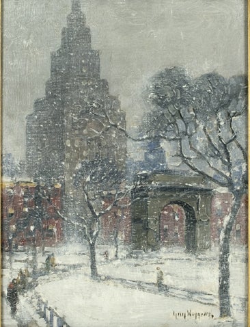 New York City winter scenes were Wiggins’ most popular works. His first exhibition of snowscapes was in 1921, in Richmond, Virginia, for which he painted “Washington Square in Winter”. That work was subsequently purchased by the Richmond Museum of
