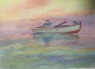 Albert Thomas DeRome Landscape Painting - Pals (Man and dog fishing)