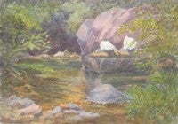 Walton and Fishing in Los Gatos Creek near Railroad Bridge (two figures)