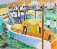 Figures on Deck of Yellow Boat, Sausalito