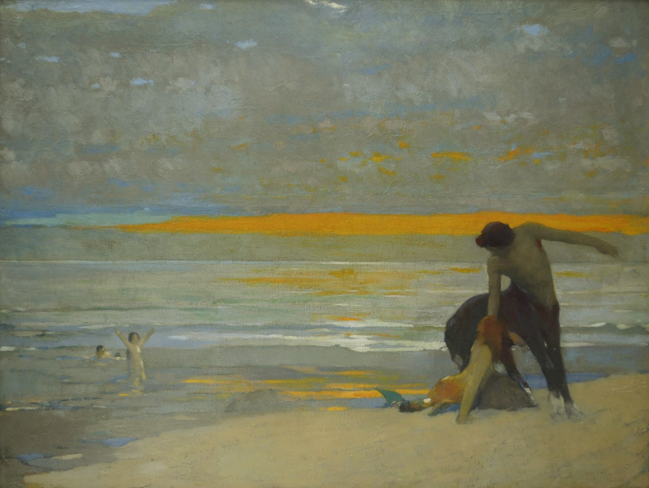 Arthur Frank Mathews Figurative Painting - Centaur and Mermaid on the Beach at Sunset