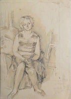 Pansy Lamb, Seated in the Artist's Studio, in a Striped Dress