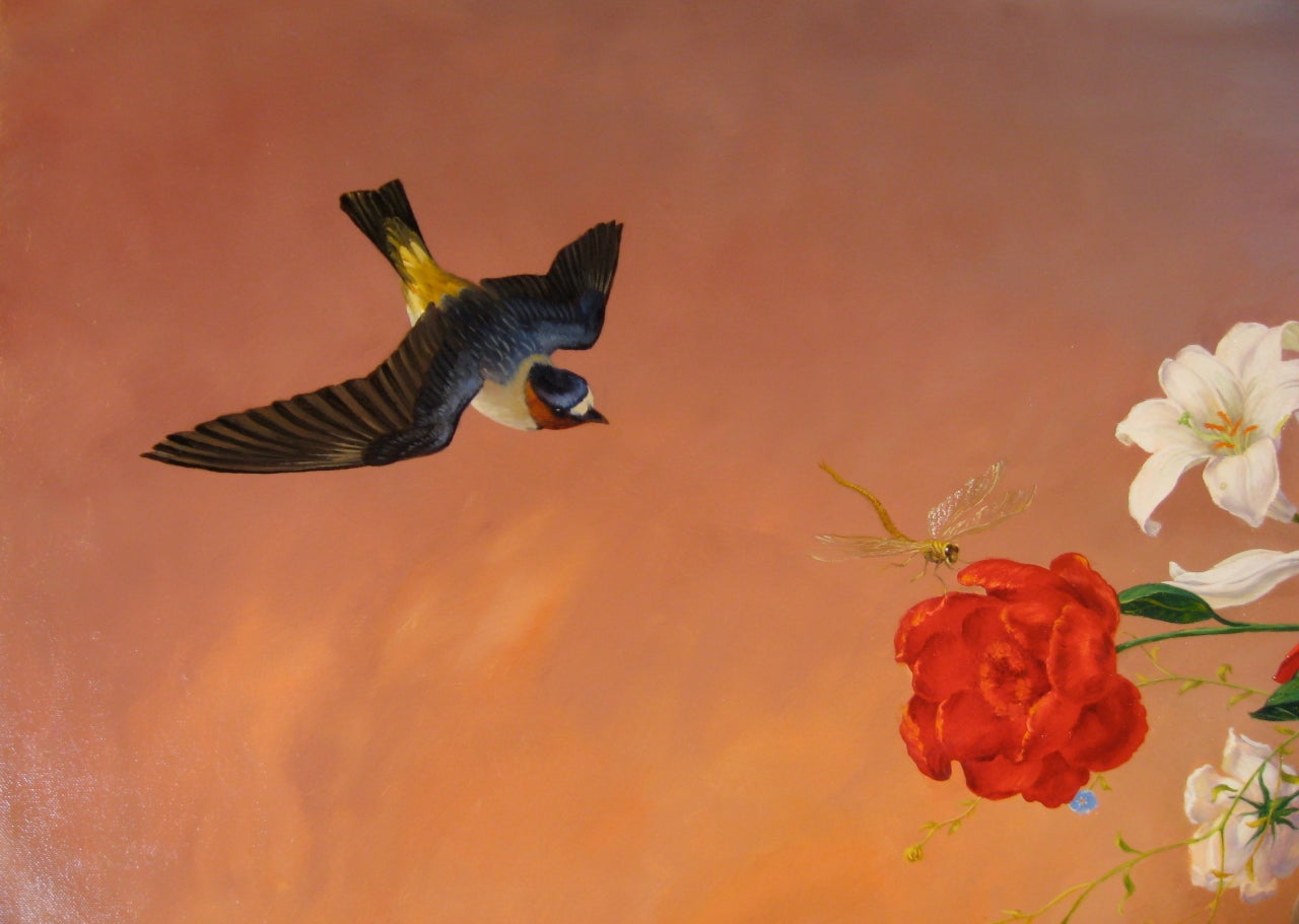 Painting includes the following: a large floral arrangement in the foreground of cut European flowers. At it’s base are some presumably dead animals (rabbit, deer, wood duck) and some plants (Burdock, Indian paintbrush, and at the far side, Joe Pye