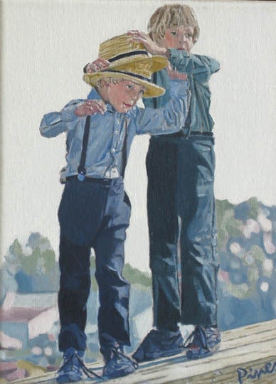 Suzanne Pines Figurative Painting - Boy With Two Hats