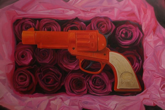 Patrick Gordon Still-Life Painting - Gun and Roses