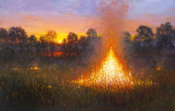 Burning Corn Shocks - Painting by Thomas McNickle