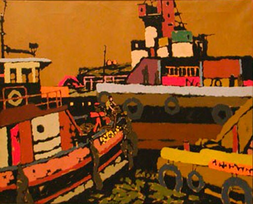 Sidney Gross Landscape Painting - On the River - Tugs at Work