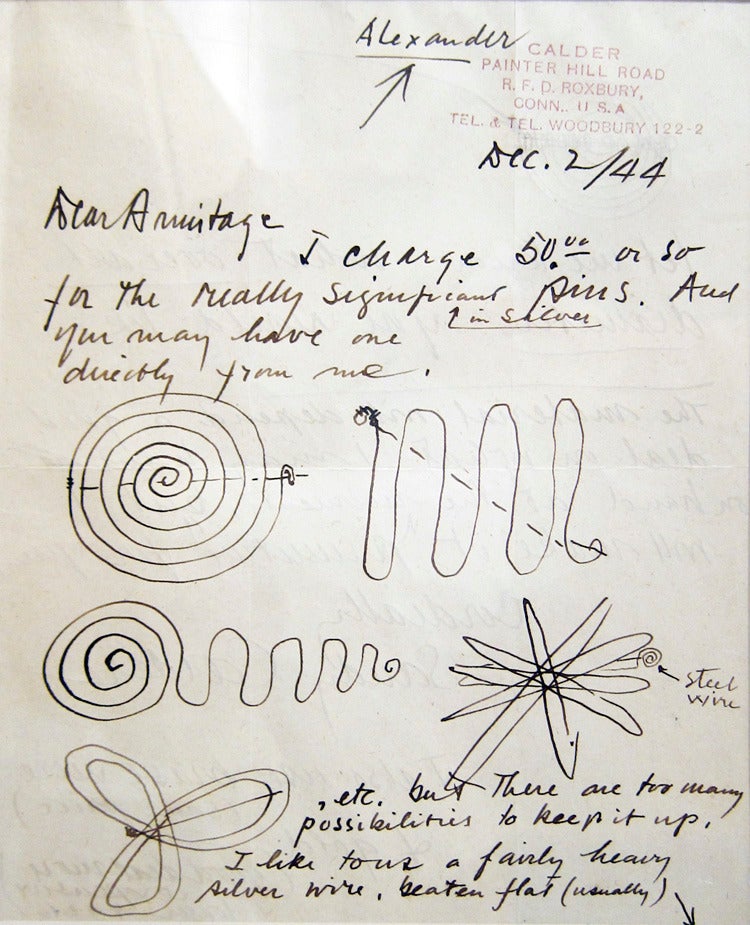 Alexander Calder Abstract Drawing – Brief an Kenneth Armitage mit 6 Zeichnungen für Schmuck