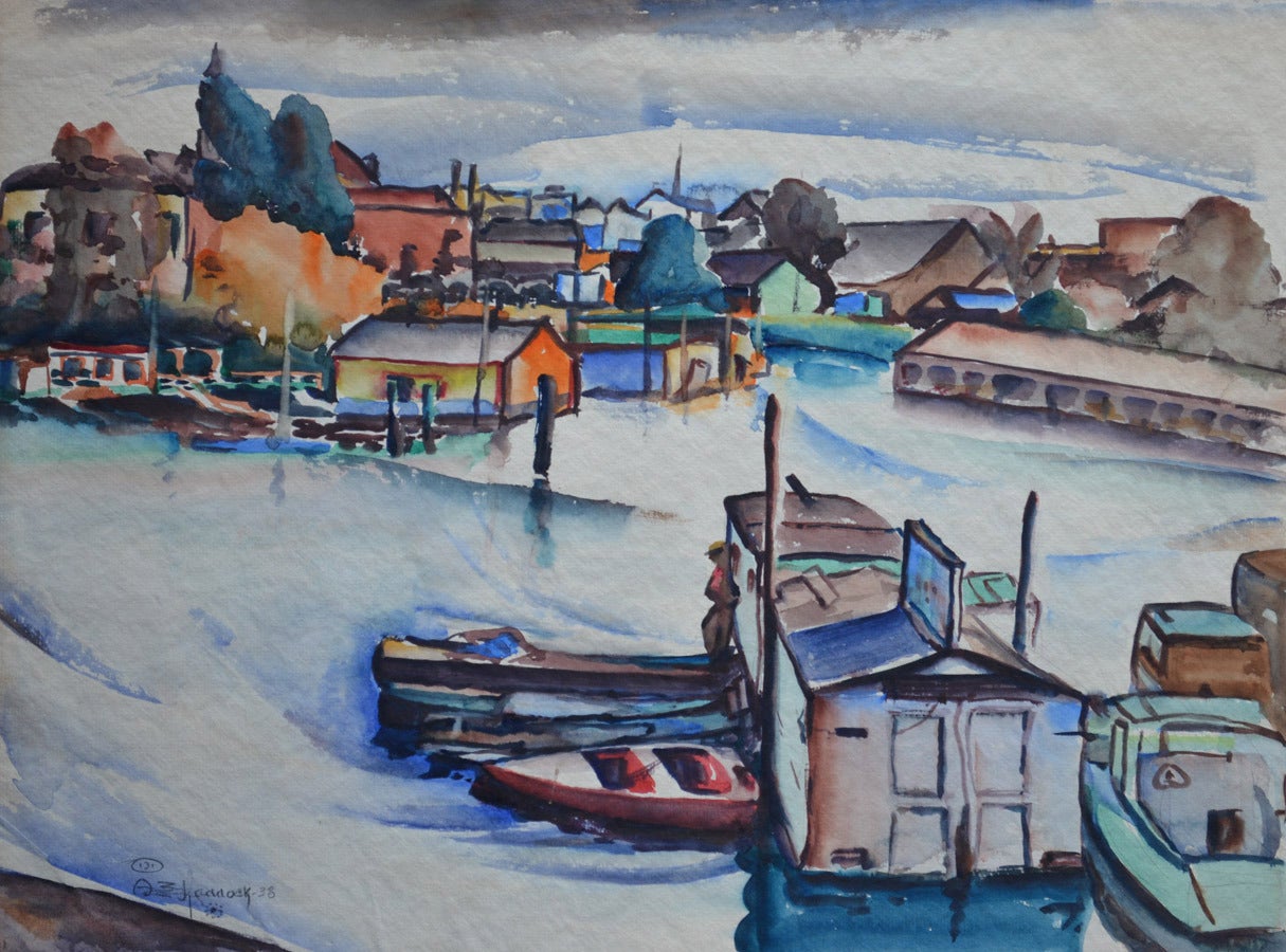 Arthur Earl Haddock Landscape Art - Boat Houses