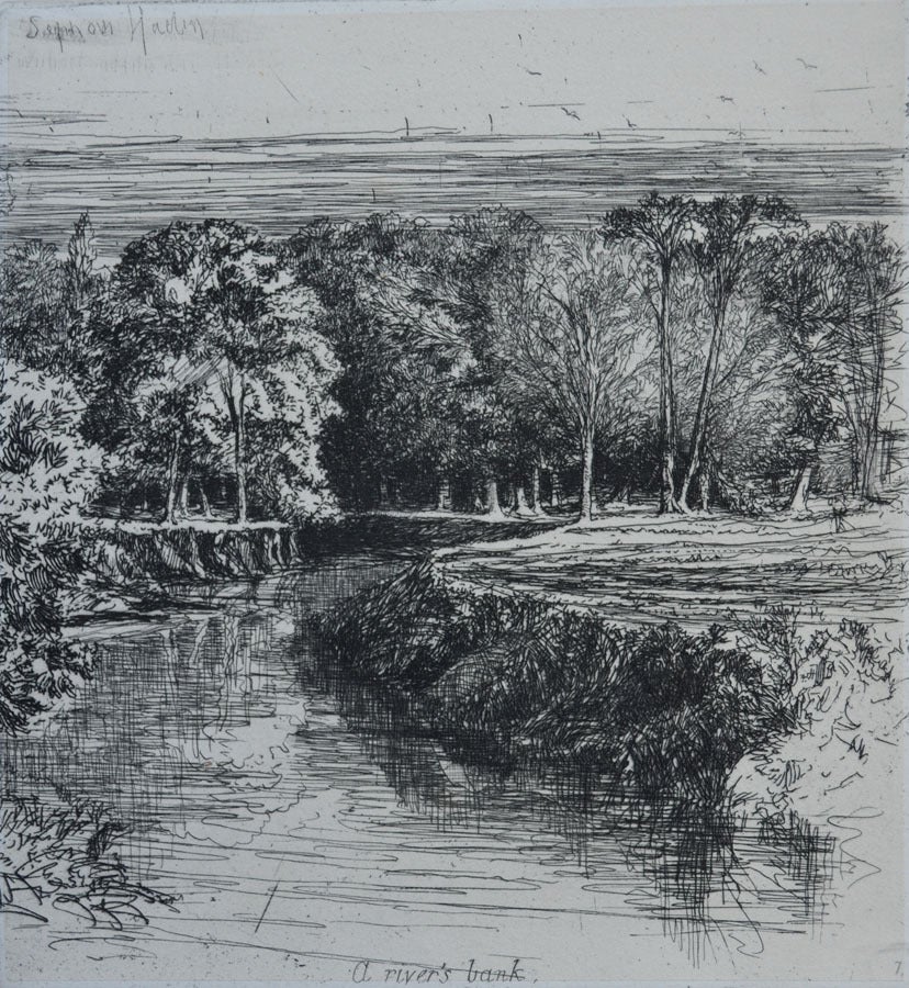 Seymour Haden Landscape Print - A River Bank