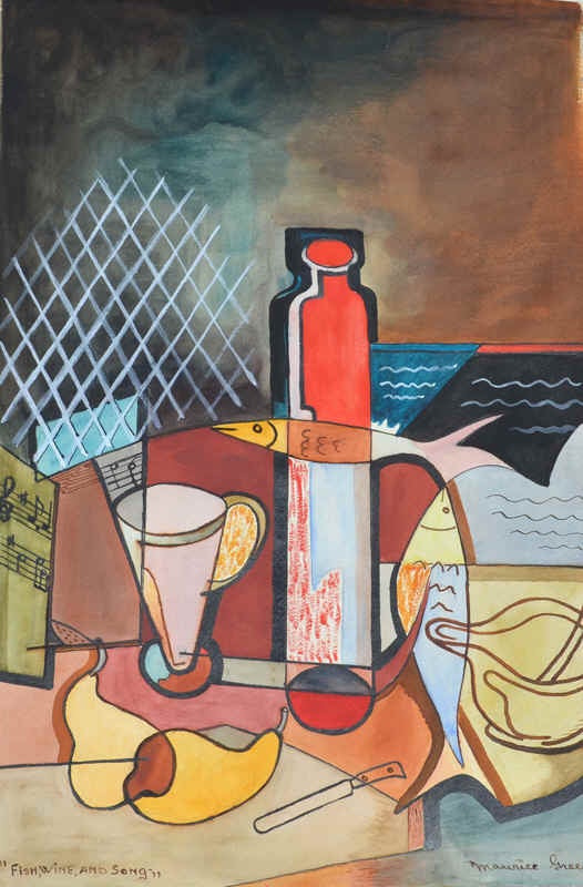 Still-Life Painting di Maurice Green - Pesce, vino e canzoni
