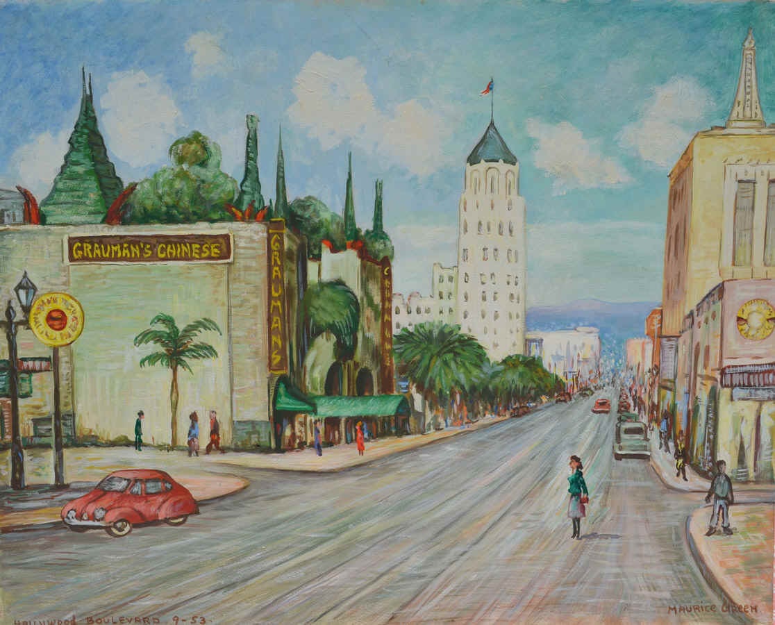Maurice Green Landscape Painting - Hollywood Boulevard: Grauman's Chinese Theater