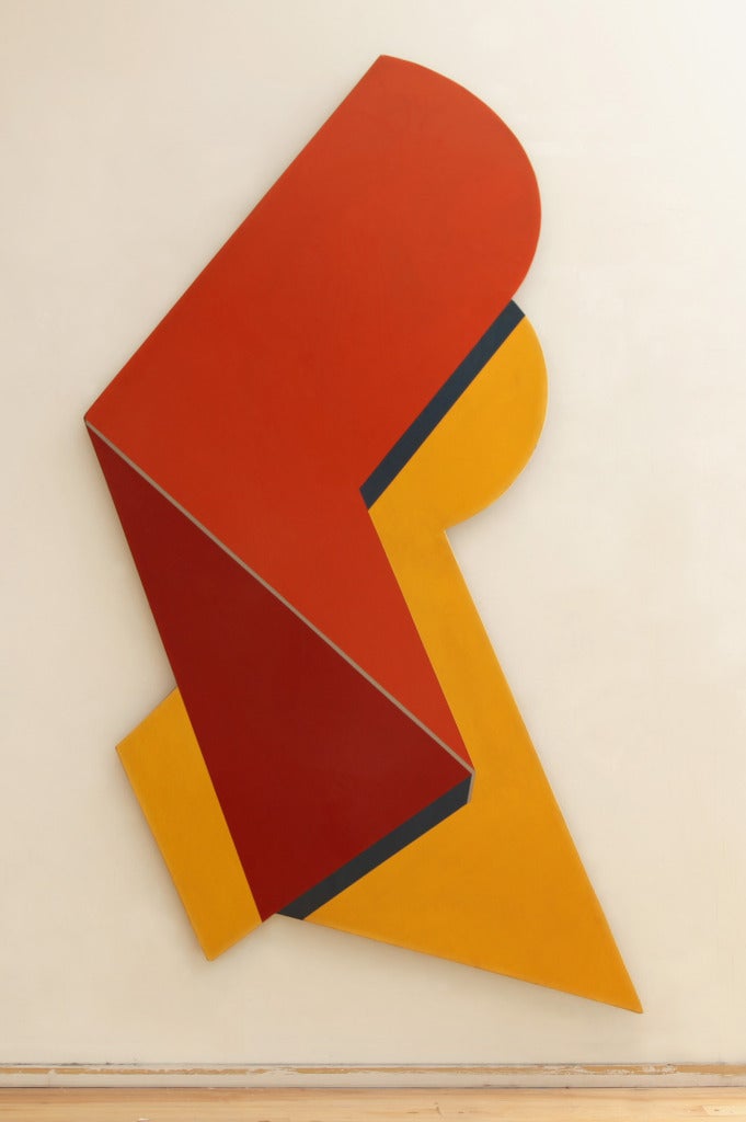 In 1965 Ruda began to explore the rendering of volume in real space in works that inaugurated the shaping outer edges, liberating the imagination of the "free form" outside of the outer frame. 

With Cum Dion, 1965, in red and yellow, the painting