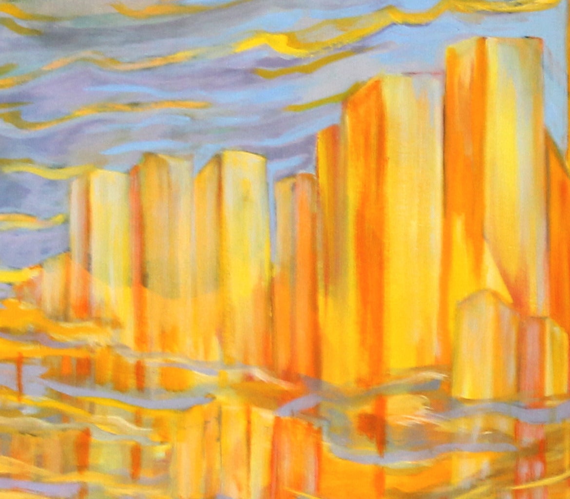 Downtown is a painting made by Evelyne Ballestra, a French contemporary artist. This orange and blue tons expressionist painting is inspired from Lower Manhattan and its Twin Towers in New York, with a female face in the wind who seems to remembered