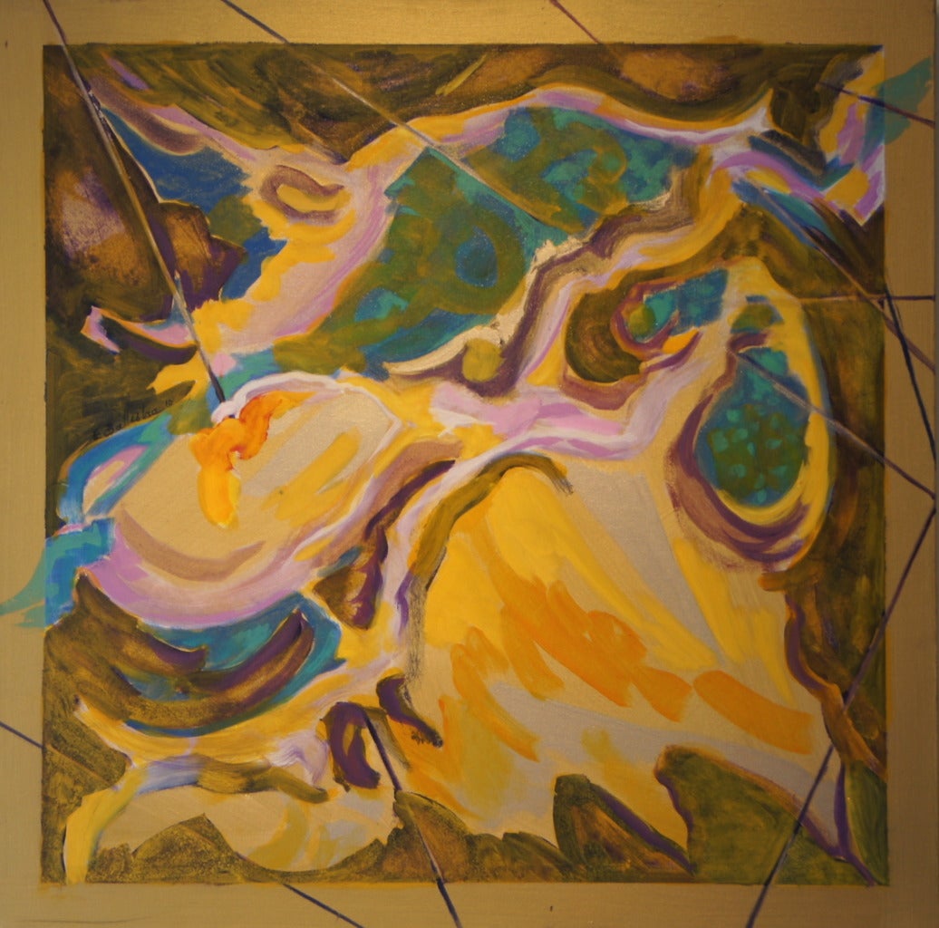 In the Golden Frame ist ein abstraktes Gemälde von Evelyne Ballestra, einer zeitgenössischen französischen Künstlerin. Dieses expressionistische Gemälde ist ein abstraktes goldenes Universum mit Linien, die aus dem goldenen Rahmen