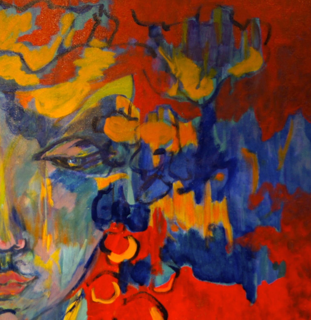 Autumn - Red Figurative Painting by Evelyne Ballestra