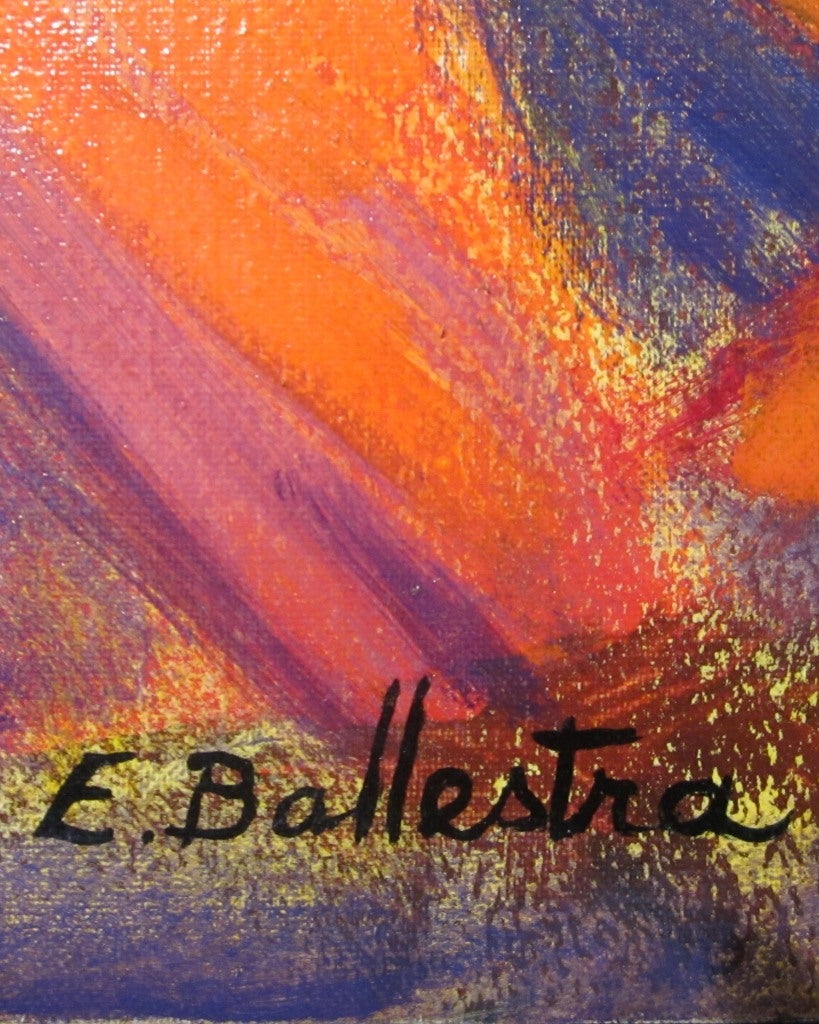 My Best Friend is a painting made by Evelyne Ballestra, a French contemporary artist. This orange and yellow tons expressionist painting is the representation of the artist's other-self, an unalterable presence which is an eternal smile of a
