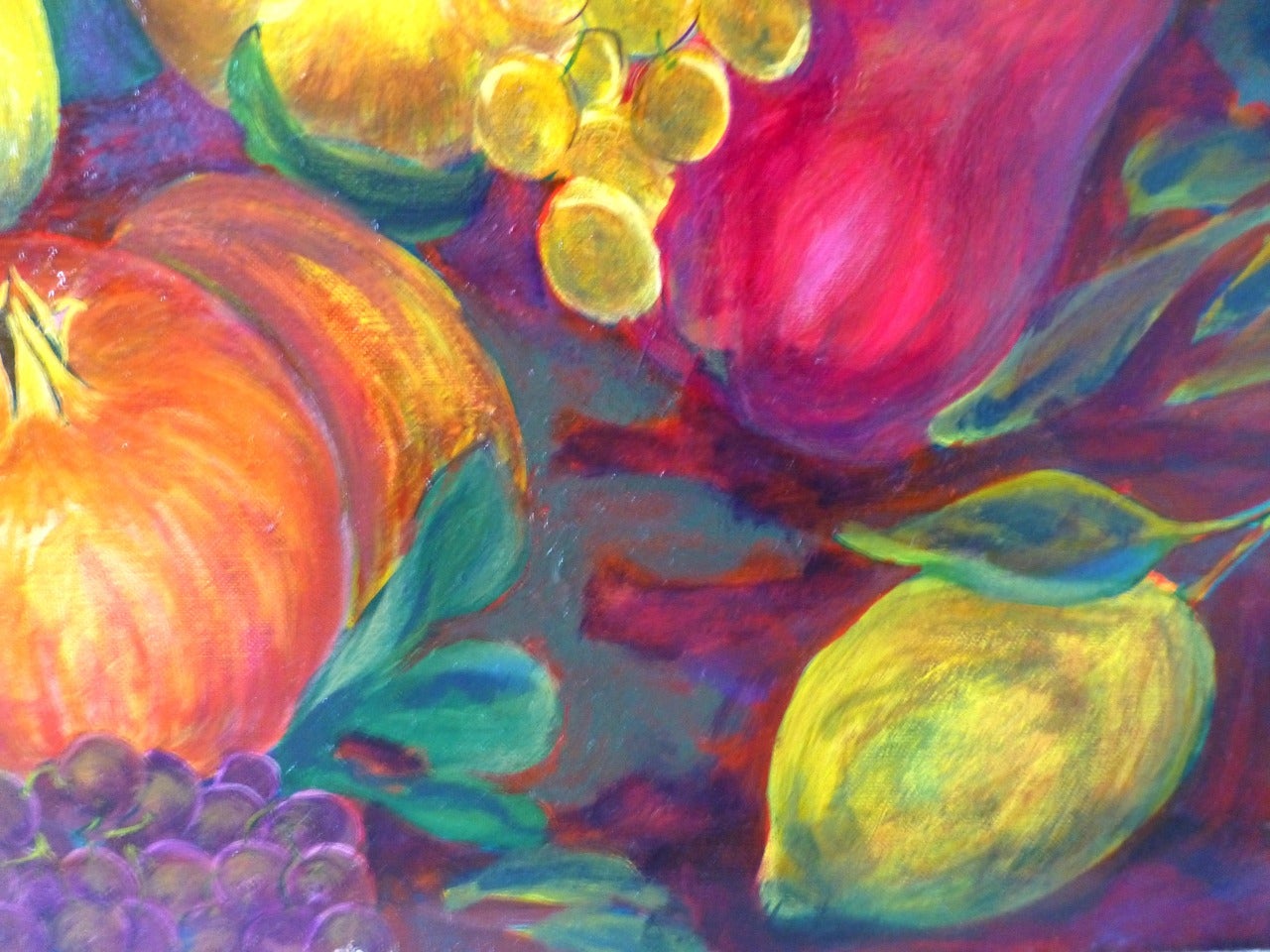 Provence is a painting made by Evelyne Ballestra, a French contemporary artist. This painting of fruits and vegetables is a declination from a flower series, defined by their distinct bright colors, satiny, silky, vibrating materials and form. The