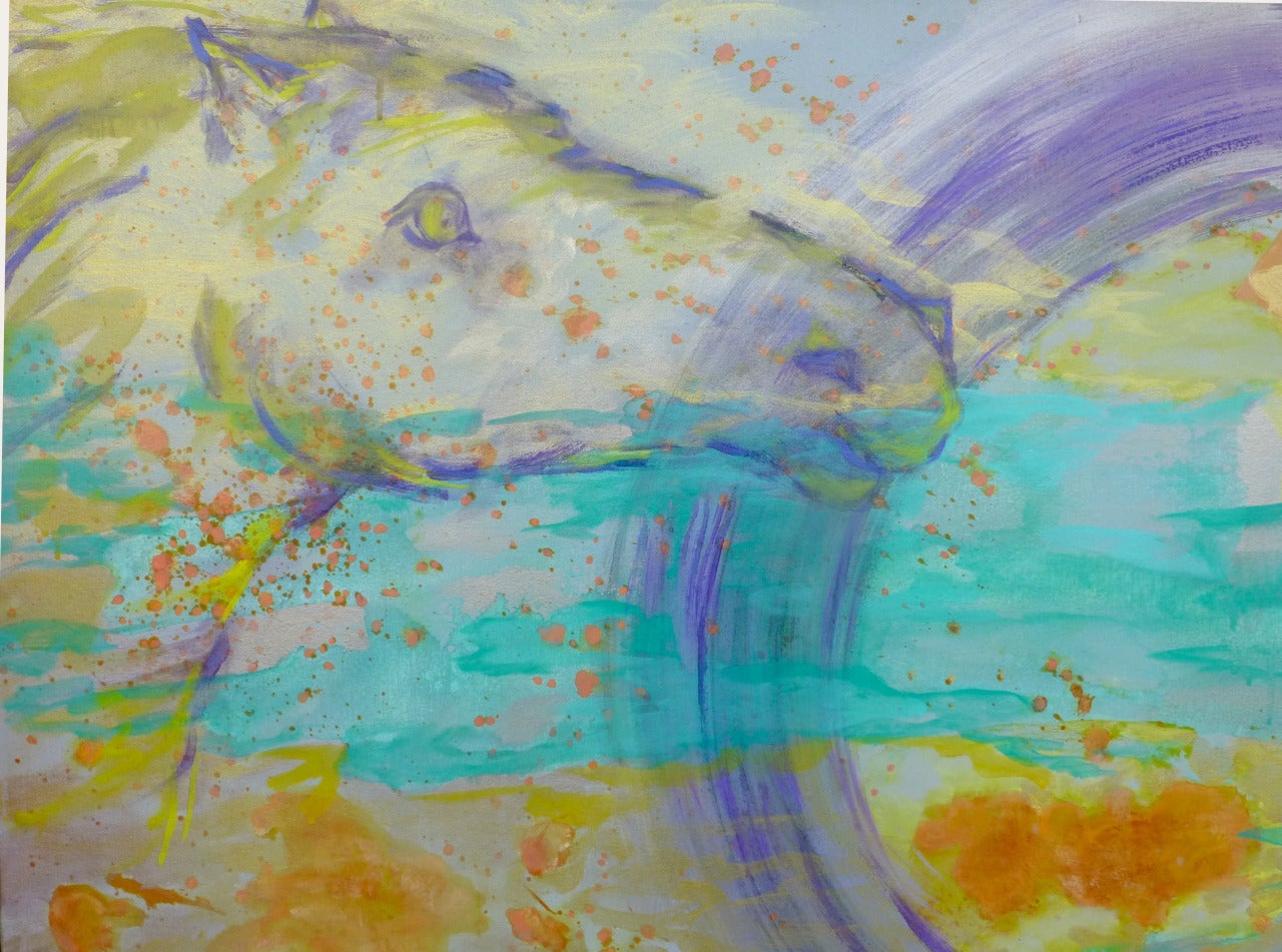 Tide est une peinture réalisée par Evelyne Ballestra, une artiste contemporaine française. Cette peinture expressionniste aux tons bleus, violets et verts s'inspire de chevaux marchant sur la plage, le long de la mer, tandis que la lune exerce son