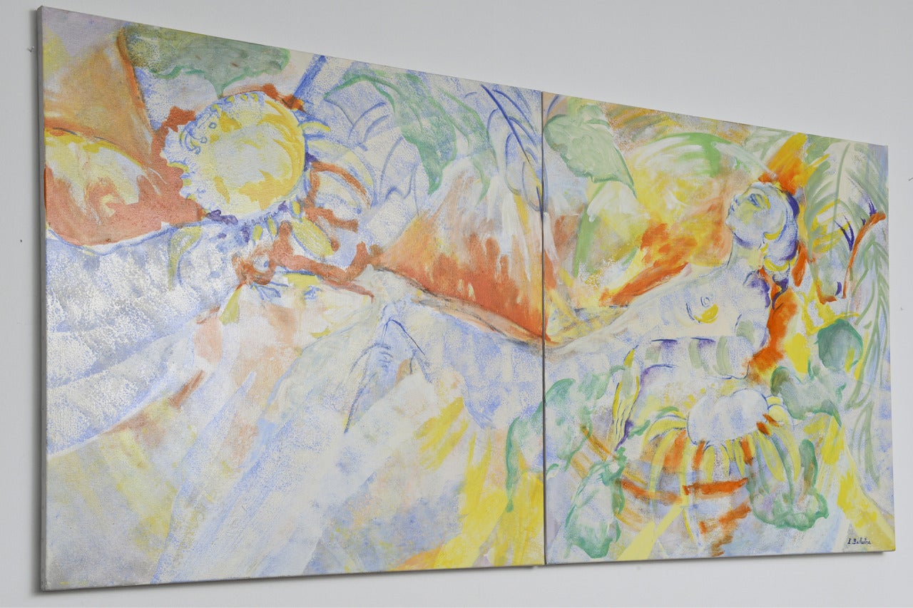 Daydream est un tableau réalisé par Evelyne Ballestra, une artiste contemporaine française. Ce tableau expressionniste représentant une femme nue est inspiré d'Eve dans le jardin d'Eden, avec des couleurs pastel pour peindre ce jardin enchanté : le