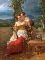 A mother and child playing on a terrace with a tambourine