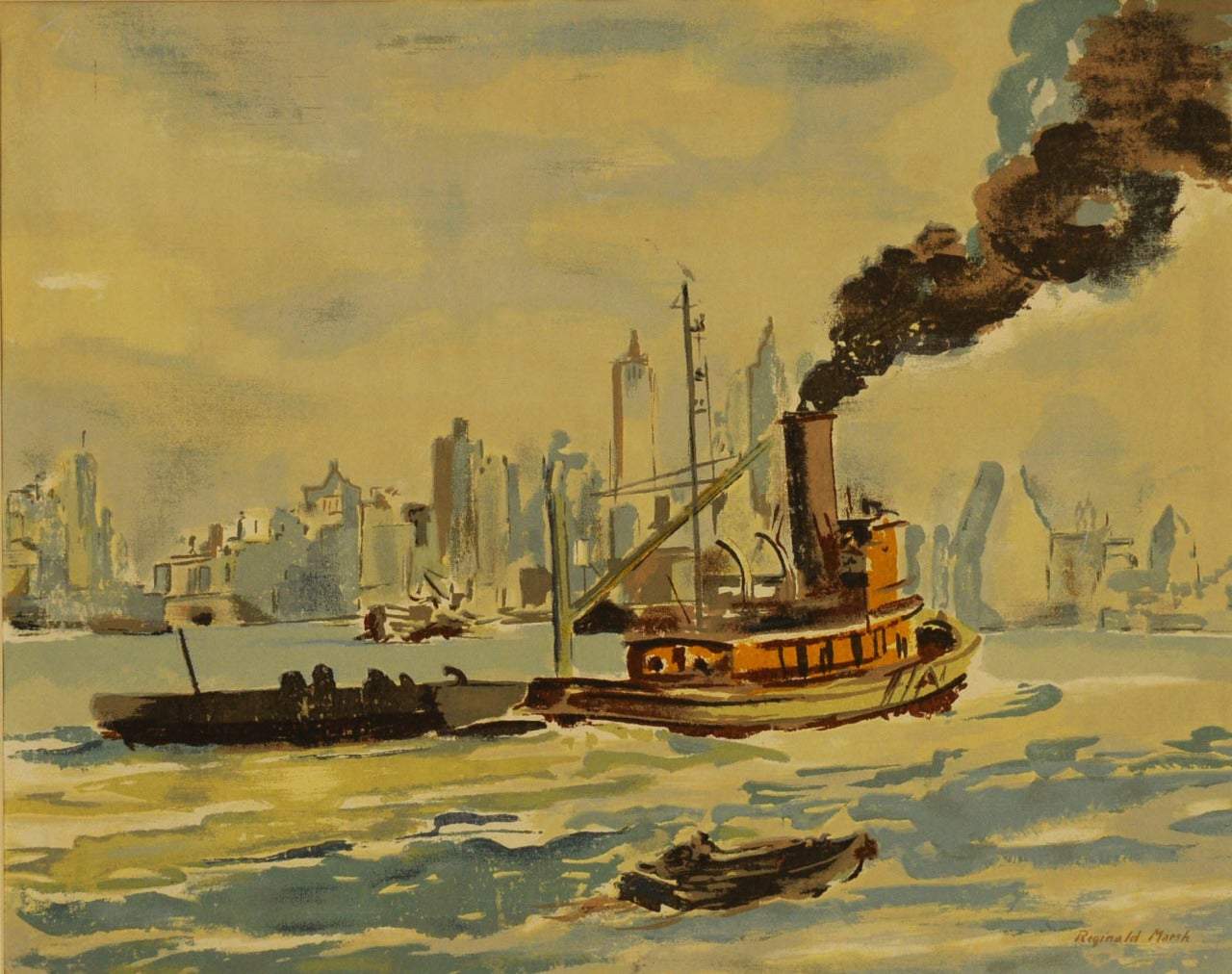 Reginald Marsh Landscape Print - Tug Boat in New York Harbor