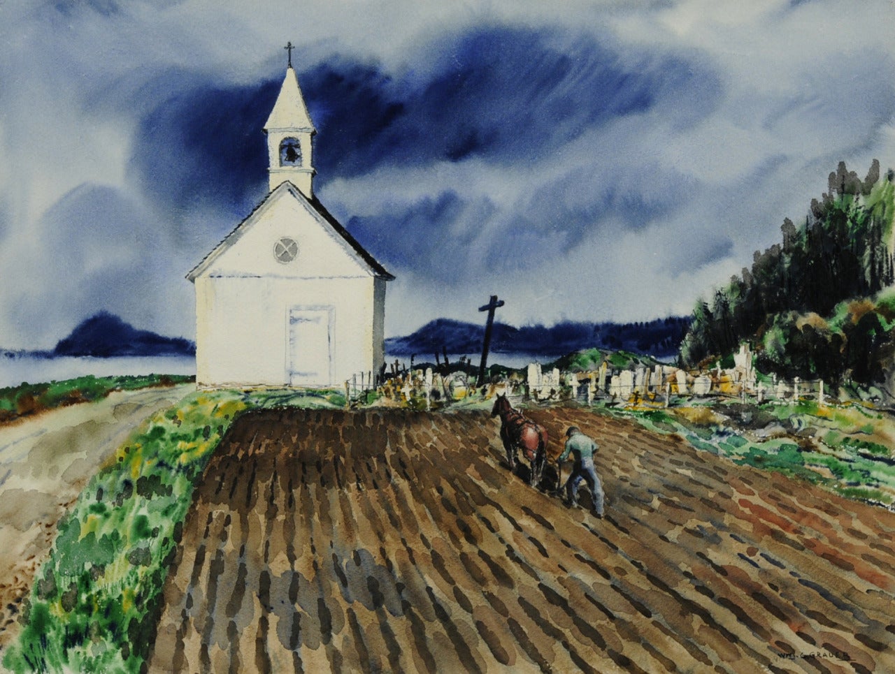 William C. Grauer Landscape Art - Untitled (The Church and the Plow)