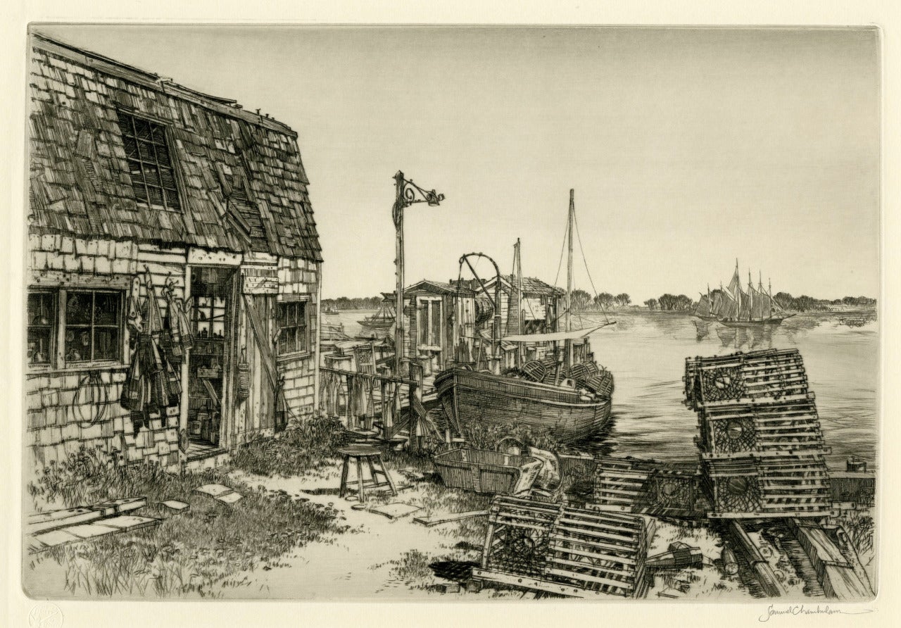 Samuel Chamberlain Landscape Print - The Harbor Side, Friendship, Maine