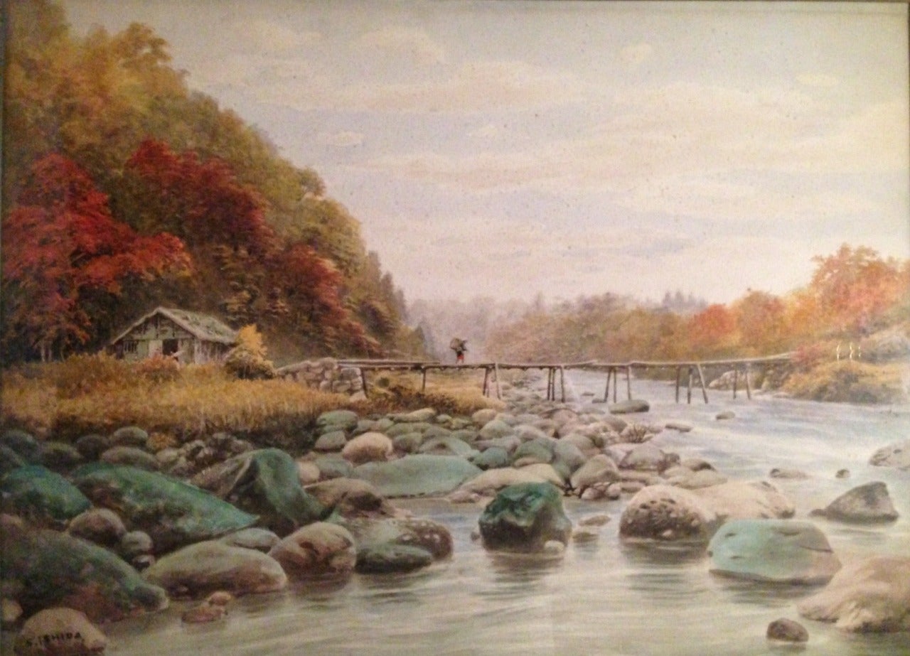 Shigesaburo Ishida Landscape Art - "Wooden River Bridge"