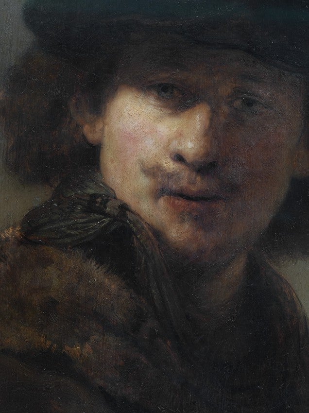 DETAIL FROM: Selbstporträt mit Samtkappe und Kleid mit Pelzkragen, Rembrandt