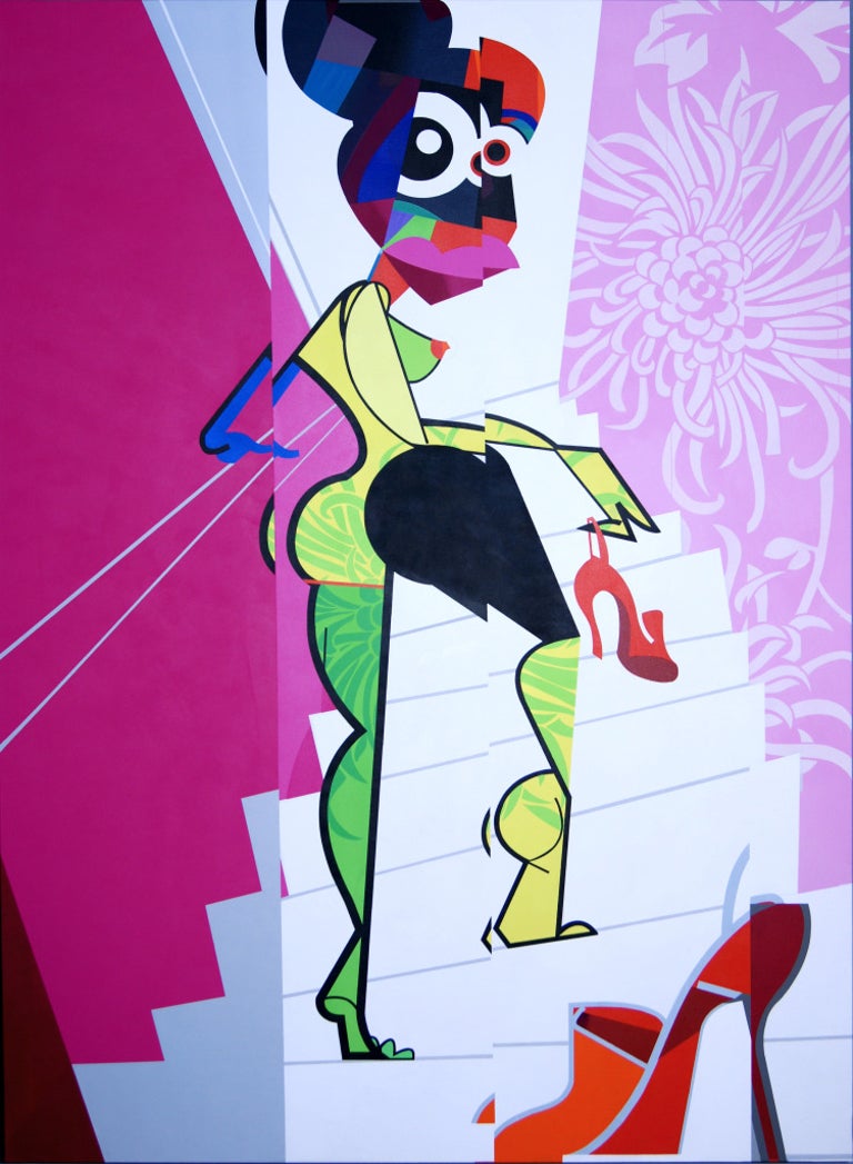 In this original acrylic paint on canvas, Jose Palacios depicts a woman in a neo-cubist and pop art style climbing a winding white staircase.  Her body is composed of geometrical shapes filled with patterns and colors in yellow, greens, blues,