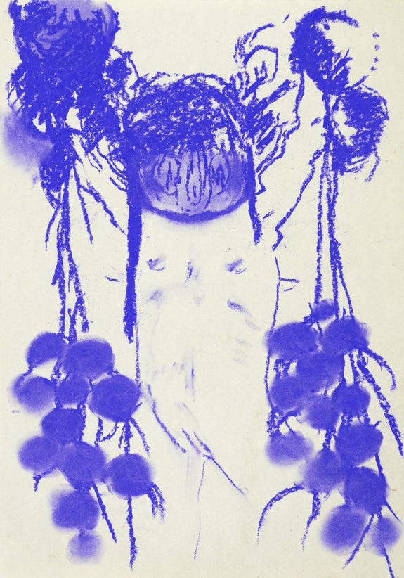 This pastel on paper, depicts a nude abstract figure in the foreground.  The figure is sketched loosely in blue, set on a white background. It's arms raised with its torso exposed, the head points down concealing it's identity. Blue puffy balls hang