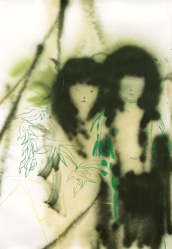 Orginal spray paint, varnish and pastel on paper, loosely depicts two young and mysterious women in what could be seen as a foggy, tropical forest.  Abstract green outlined leaves overlay the two figures.  39 x 27.5 inches.  This work is reminiscent