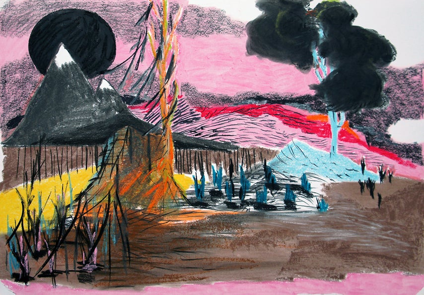 This oil pastel on paper, depicts an abstract landscape scene in various shades of pink, gray, black, white yellow red and blue.  Off in the distance we see two large mountain peaks, partly covering a black sun.  The juxtaposition of color and