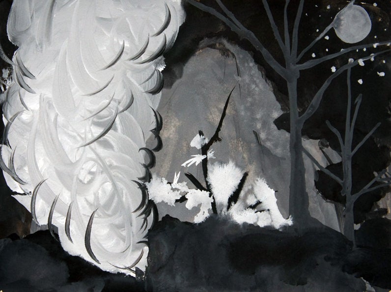 Diese schwarz-weiße Tinte auf Papier stellt eine abstrakte Szene in verschiedenen Grautönen dar. 
 
Eduardo Infante ist ein spanischer Künstler, der sich mit der Spannung zwischen Idolatrie und Ikonoklasmus beschäftigt, die der Kunsttradition