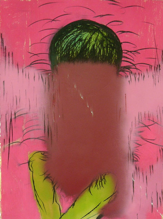 This spray paint, varnish and pastel on paper, depicts an abstract figure in the foreground wearing only bright green leggings. It's legs seem to be crossed and it's hair is bright green and black.  The figure is sketched loosely in black, set on an