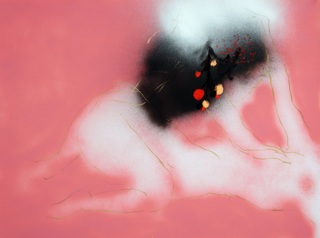 This pastel and spray paint on paper, depicts two white abstract figures.  One person lays on her back, and the other figure is on top.  Their arms are stretched out towards each other, but the purpose is unclear.   The two figures are loosely