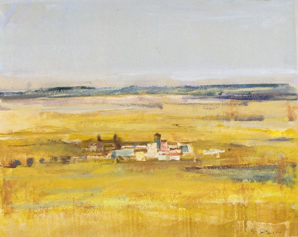 Gloria Sáez Landscape Painting – Gloria Saez, Campos de Castilla, Öl auf Papier, 2012, Szene aus dem Dorf in der Ebene