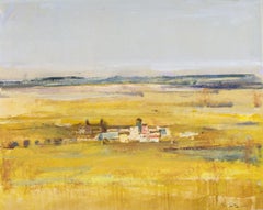 Gloria Sáez, Campos de Castilla, Óleo sobre papel, 2012, Escena de pueblo en la llanura