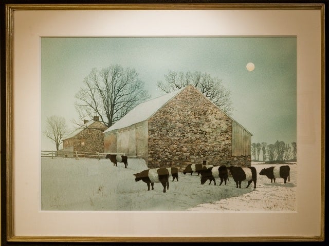 Peter Sculthorpe Landscape Art - "Belted Cows at Barn, Full Moon"