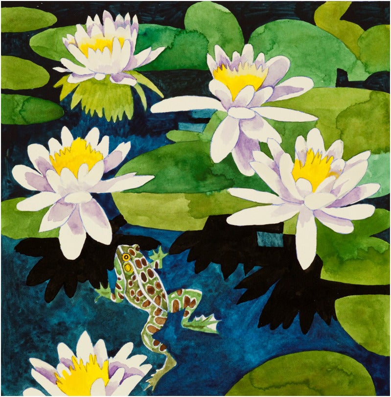 Frog Surfacing with Water Lilies - Art by Billy Hassell