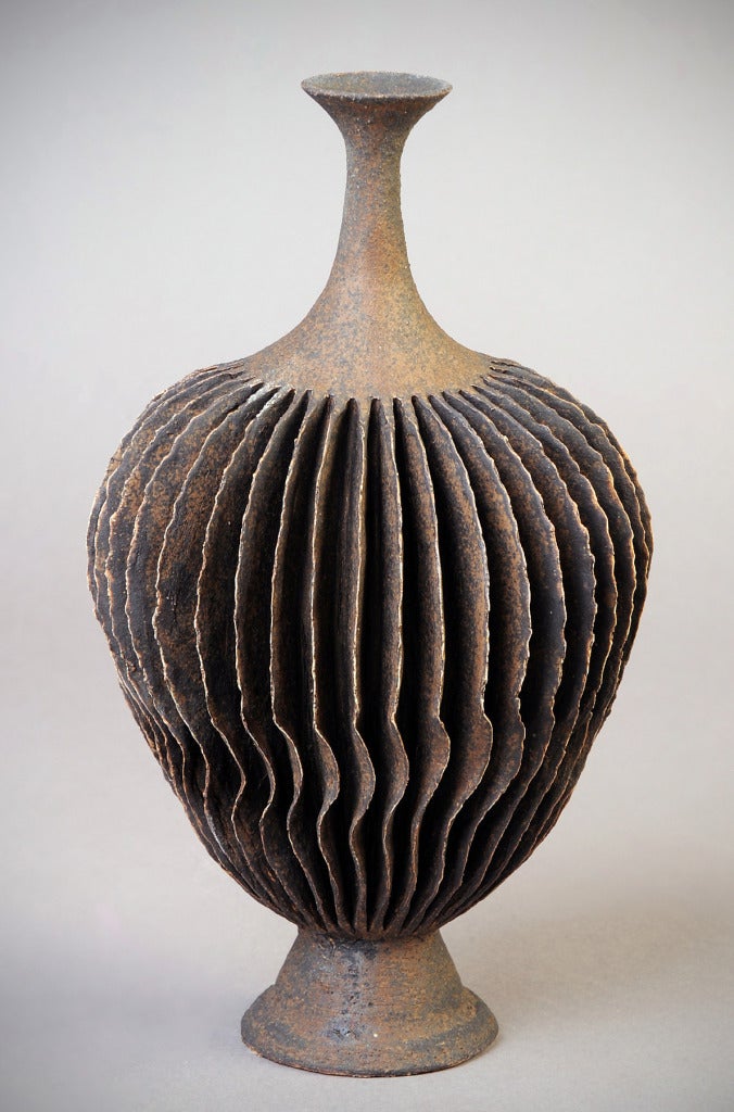 Ursula Morley Price Abstract Sculpture - Brown Flange Twist Bottle Form
