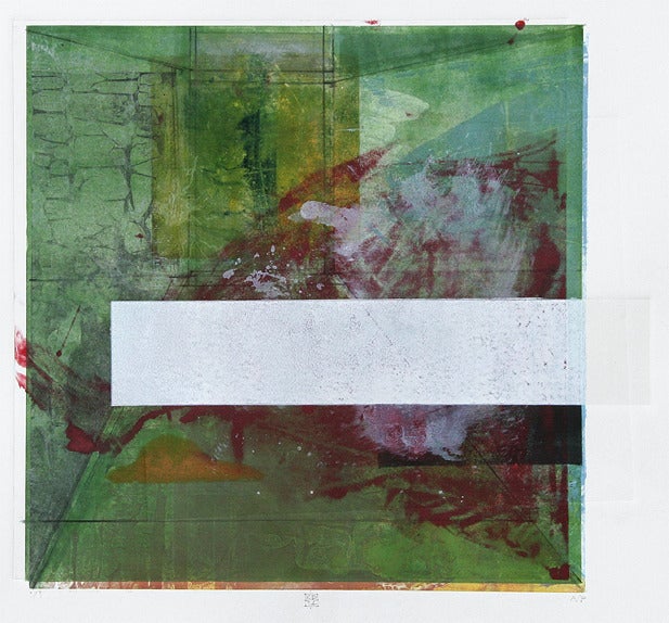 Karin Bruckner Abstract Print - WhiteOutInside, green and purple abstract monoprint on paper